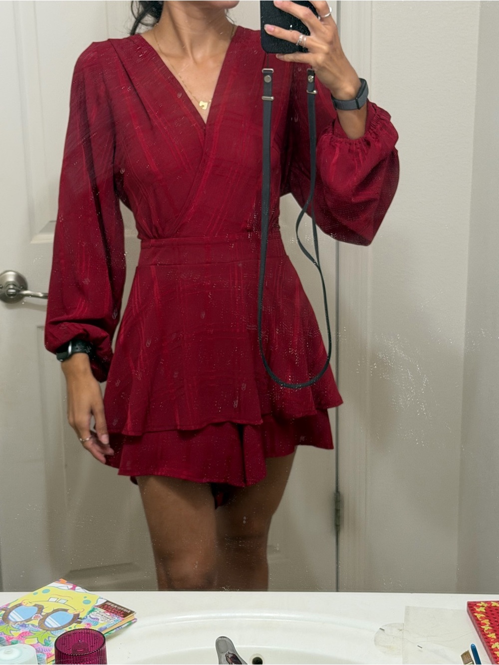Burgundy Textured Romper Dress Style | Long Sleeve Ruffle Skort Romper | Size M